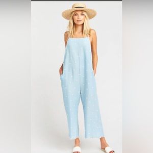 Showmeyourmumu denim chambray palm tree print overalls. Gently worn size L